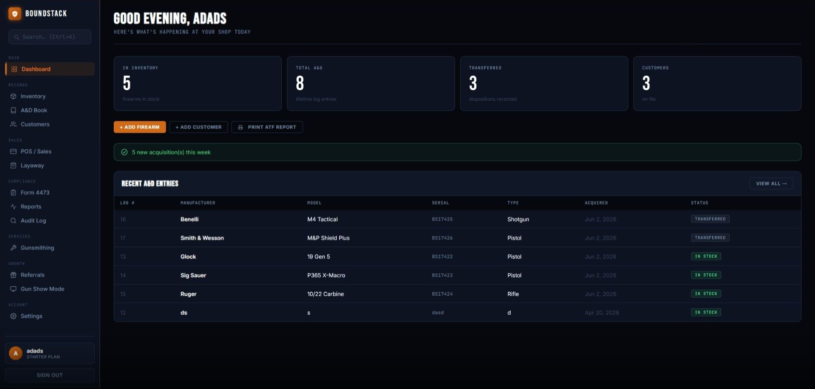 BoundStack dashboard showing A&D entries, inventory, sales navigation, and inspection reports